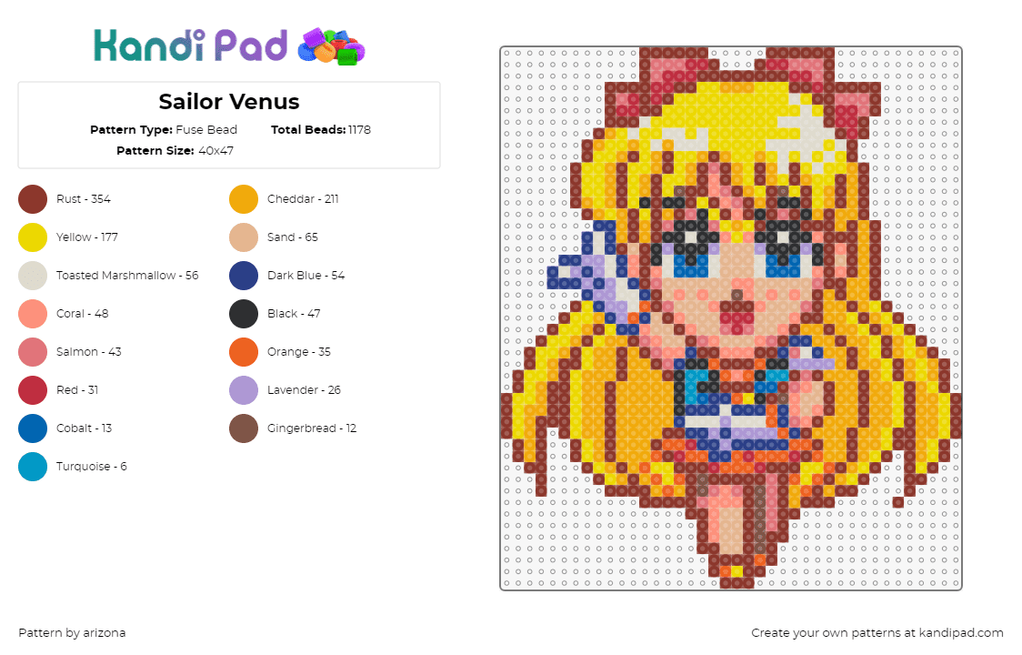 Sailor Venus - Fuse Bead Pattern by arizona on Kandi Pad - sailor venus,sailor moon,chibi,character,anime,blonde,yellow,pink