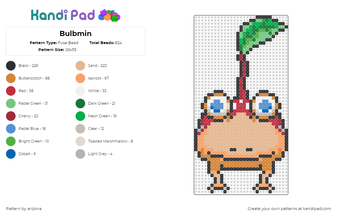 Bulbmin - Fuse Bead Pattern by arizona on Kandi Pad - bulbmin,pikmin,character,leaf,video game,tan,red,green