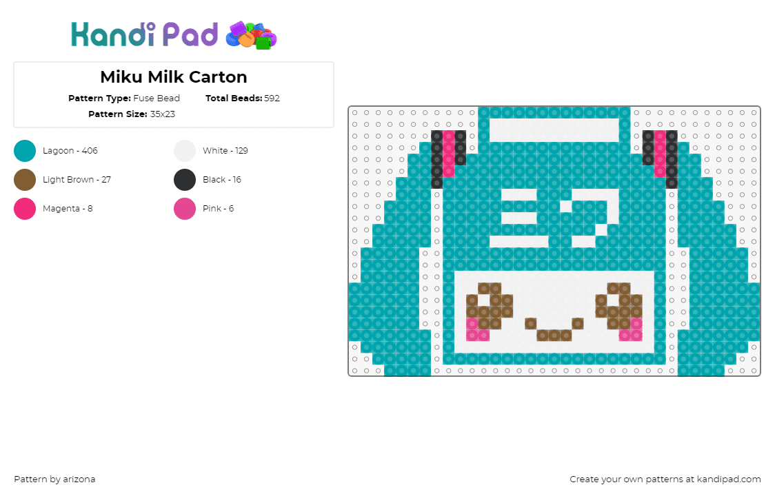 Miku Milk Carton - Fuse Bead Pattern by arizona on Kandi Pad - hatsune miku,vocaloid,milk,music,mashup,kawaii,teal,white