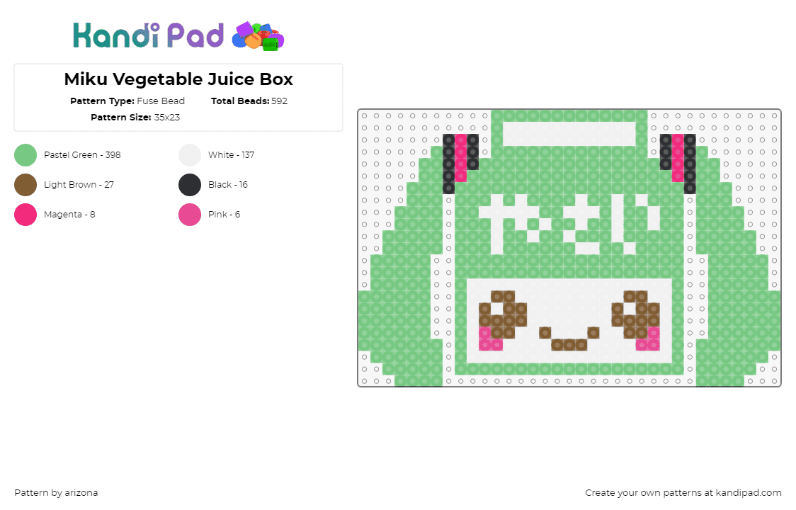 Miku Vegetable Juice Box - Fuse Bead Pattern by arizona on Kandi Pad - hatsune miku,vocaloid,juice,vegetables,music,mashup,kawaii,green,white