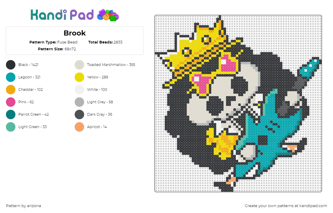 Brook - Fuse Bead Pattern by arizona on Kandi Pad - brook,one piece,guitar,character,anime,crown,sunglasses,tv show,yellow,teal,gray,black