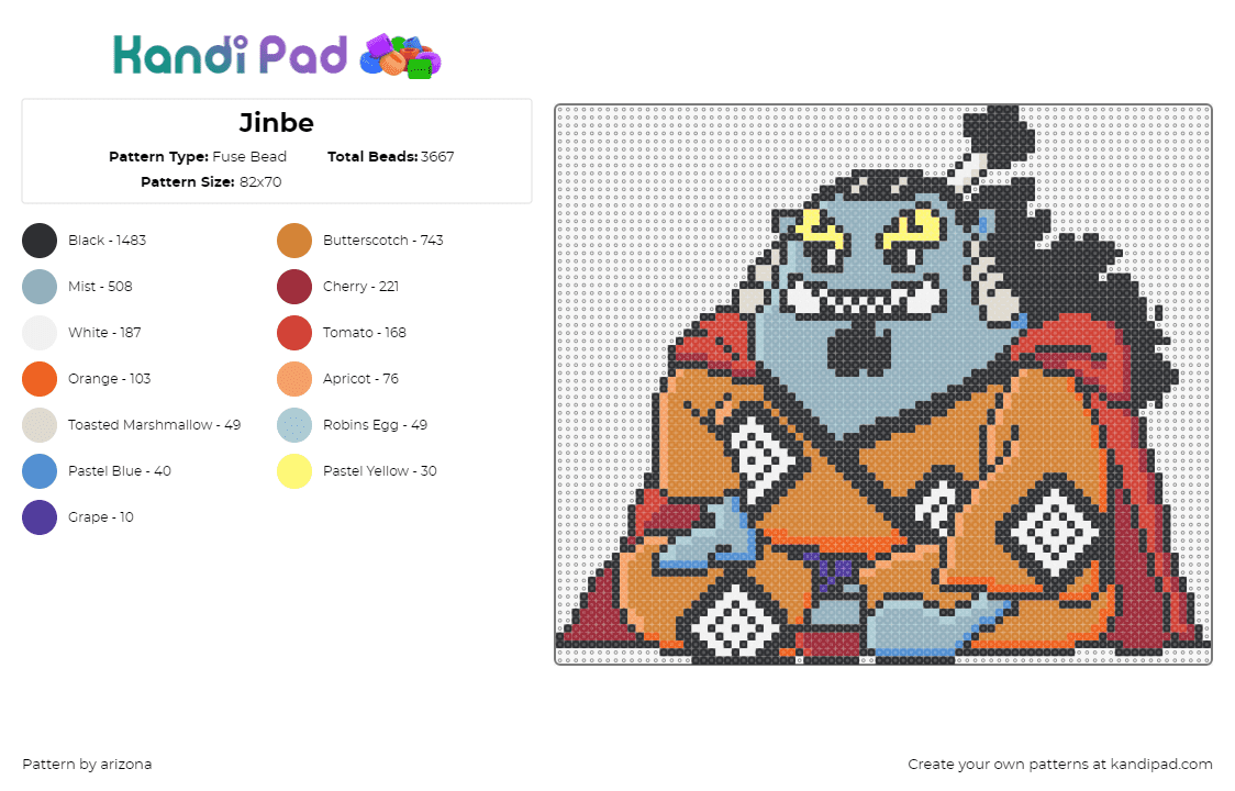 Jinbe - Fuse Bead Pattern by arizona on Kandi Pad - jinbe,one piece,anime,character,tv show,orange