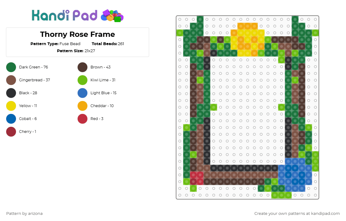 Thorny Rose Frame - Fuse Bead Pattern by arizona on Kandi Pad - green,brown,tan,yellow,red,blue,rose,thorns,frame