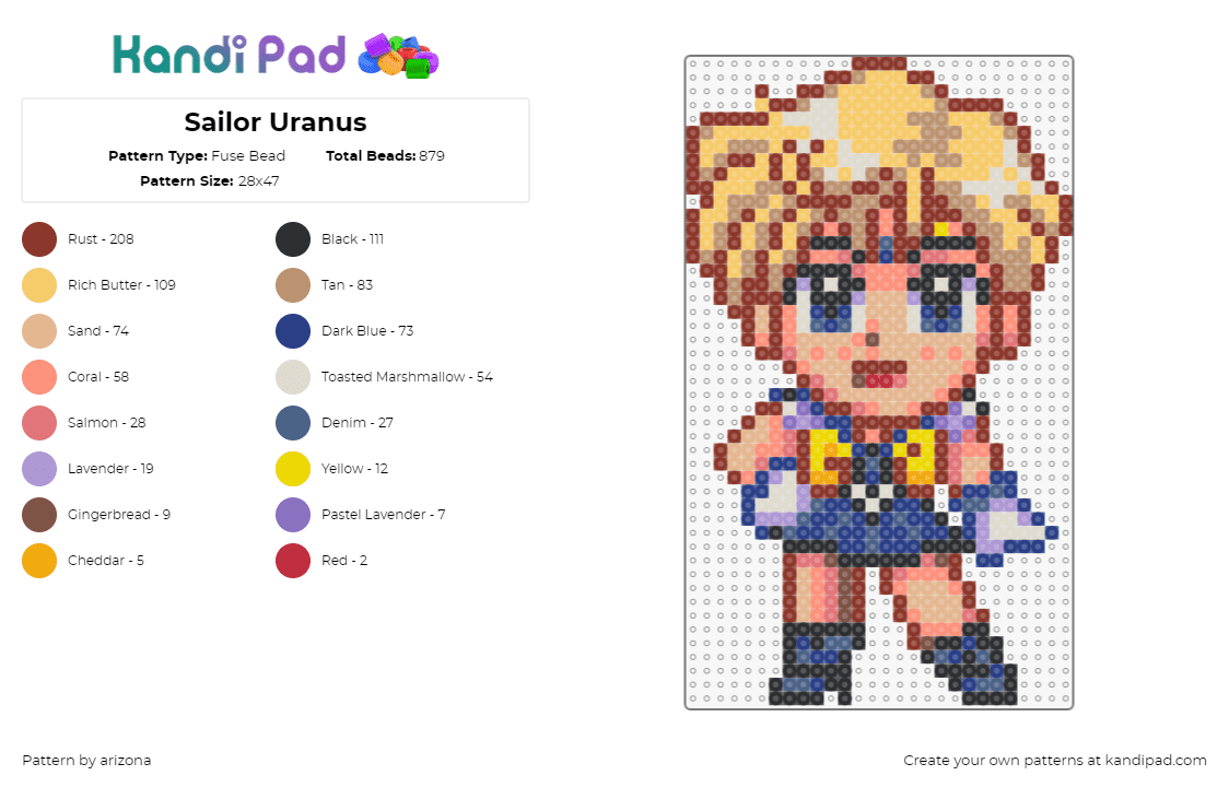 Sailor Uranus - Fuse Bead Pattern by arizona on Kandi Pad - sailor uranus,sailor moon,chibi,character,anime,blonde,yellow,beige