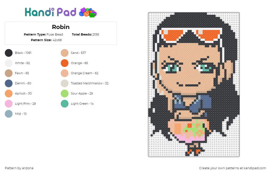 Robin - Fuse Bead Pattern by arizona on Kandi Pad - robin,one piece,chibi,anime,character,tv show,sunglasses,tan,black