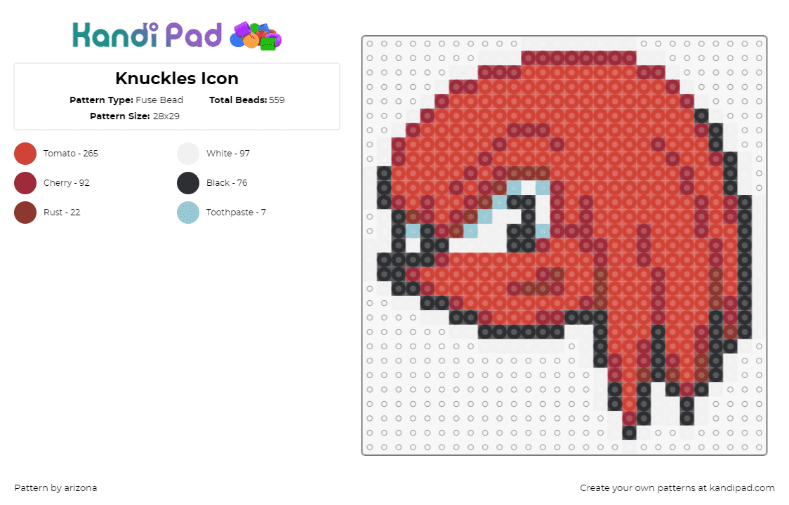 Knuckles Icon - Fuse Bead Pattern by arizona on Kandi Pad - knuckles,sonic the hedgehog,sega,head,character,charm,video game,red