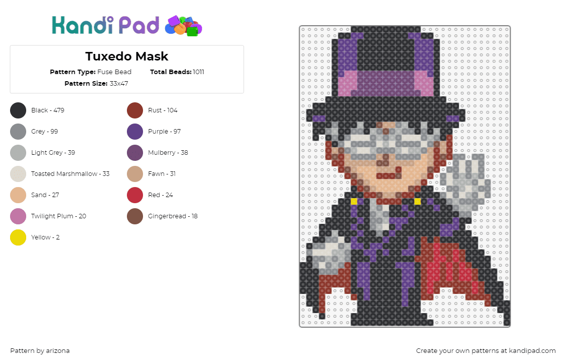 Tuxedo Mask - Fuse Bead Pattern by arizona on Kandi Pad - tuxedo mask,sailor moon,character,cape,top hat,anime,chibi,tv show,purple