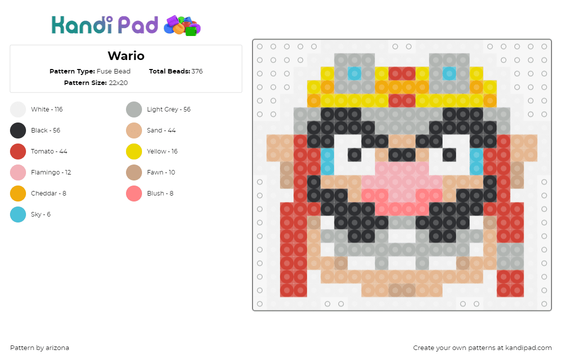 Wario - Fuse Bead Pattern by arizona on Kandi Pad - wario,warioware,nintendo,head,character,video game,yellow,red,tan