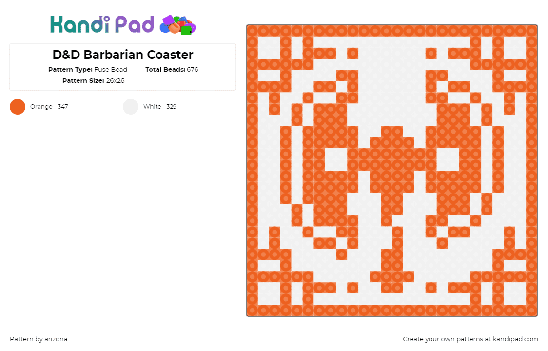 D&D Barbarian Coaster - Fuse Bead Pattern by arizona on Kandi Pad - barbarian,dnd,dungeons and dragons,geometric,coaster,gaming,white,orange