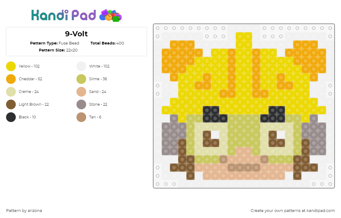 9-Volt - Fuse Bead Pattern by arizona on Kandi Pad - 9 volt,warioware,nintendo,head,character,video game,yellow