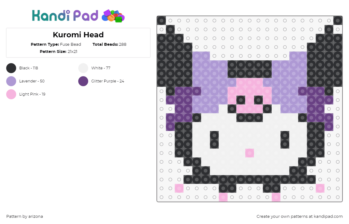 Kuromi Head - Fuse Bead Pattern by arizona on Kandi Pad - kuromi,sanrio,head,character,white,black,purple