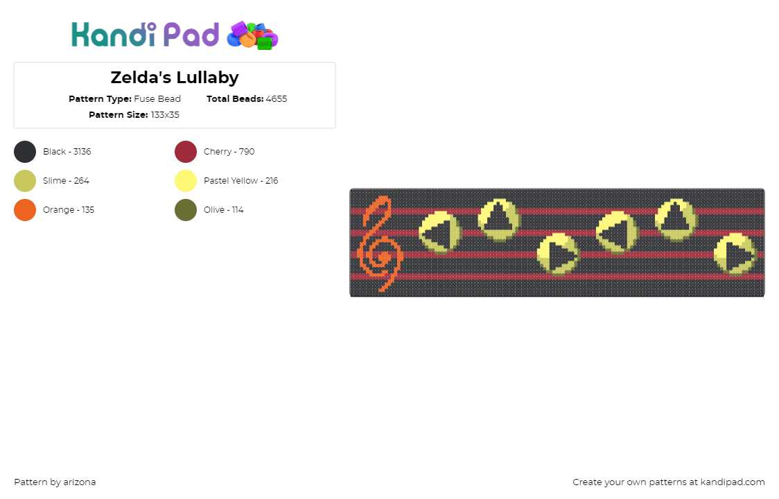 Zelda\'s Lullaby - Fuse Bead Pattern by arizona on Kandi Pad - lullaby,legend of zelda,arrows,video game,music,notes,black,yellow,red