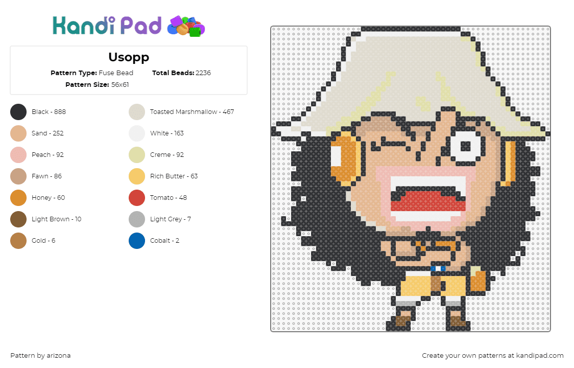 Usopp - Fuse Bead Pattern by arizona on Kandi Pad - usopp,one piece,chibi,character,pirate,anime,tv show,beige,tan