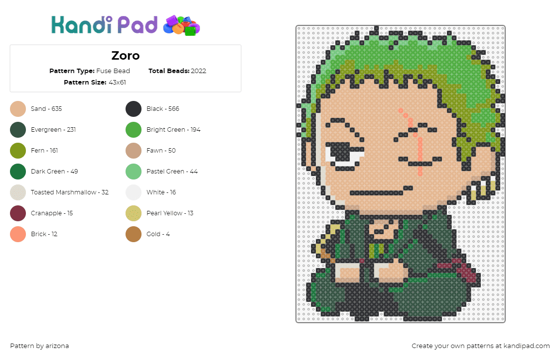 Zoro - Fuse Bead Pattern by arizona on Kandi Pad - roronoa zoro,one piece,chibi,character,anime,tv show,tan,green