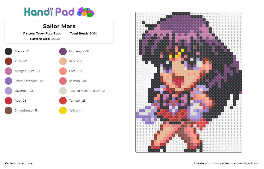 Sailor Mars - Fuse Bead Pattern by arizona on Kandi Pad - sailor mars,sailor moon,chibi,anime,character,tv show,purple,pink