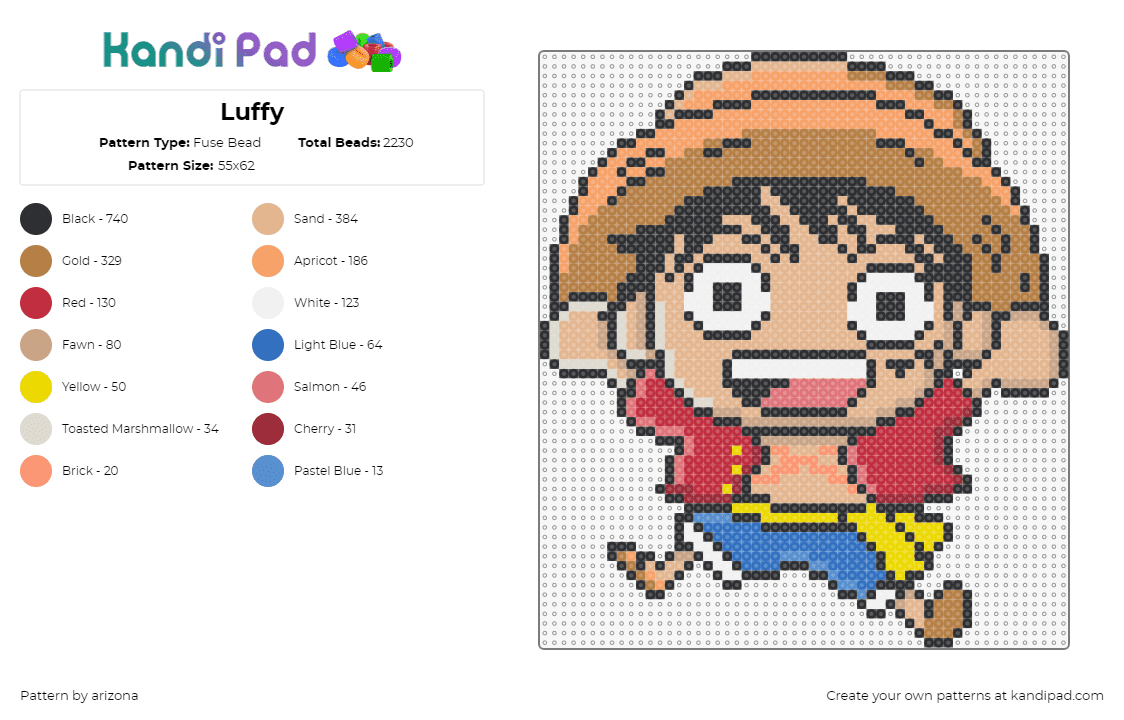 Luffy - Fuse Bead Pattern by arizona on Kandi Pad - monkey d luffy,one piece,chibi,character,jump,anime,tv show,tan,red