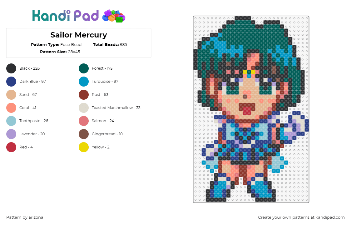 Sailor Mercury - Fuse Bead Pattern by arizona on Kandi Pad - sailor mercury,sailor moon,chibi,character,anime,tv show,teal,blue,tan