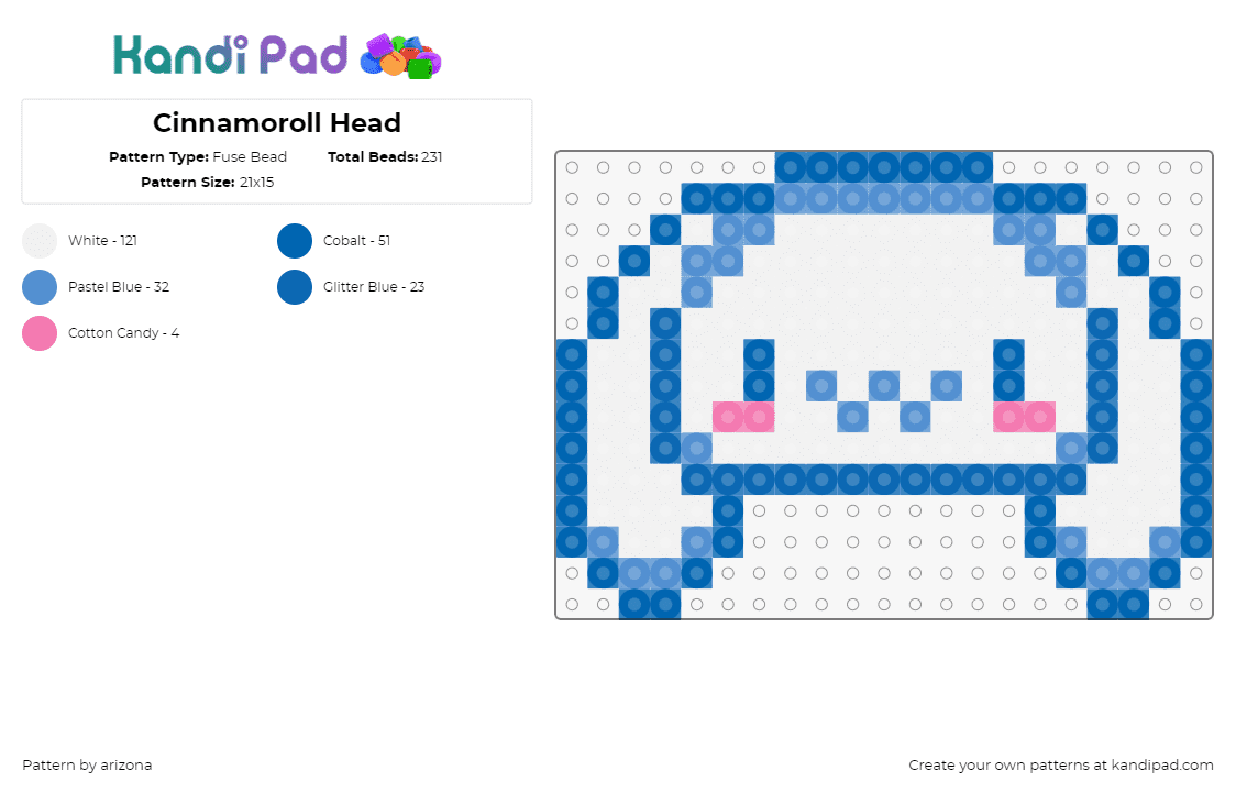 Cinnamoroll Head - Fuse Bead Pattern by arizona on Kandi Pad - cinnamoroll,sanrio,head,character,white,blue