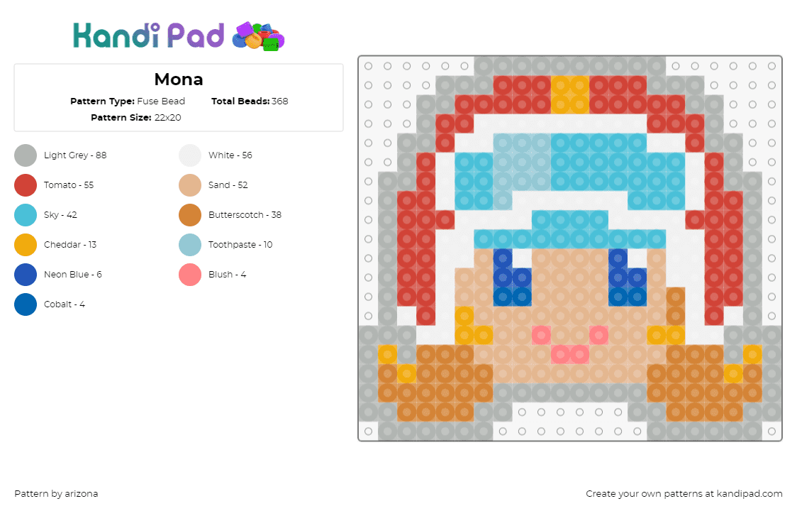 Mona - Fuse Bead Pattern by arizona on Kandi Pad - mona,warioware,nintendo,head,character,video game,helmet,tan,light blue,red