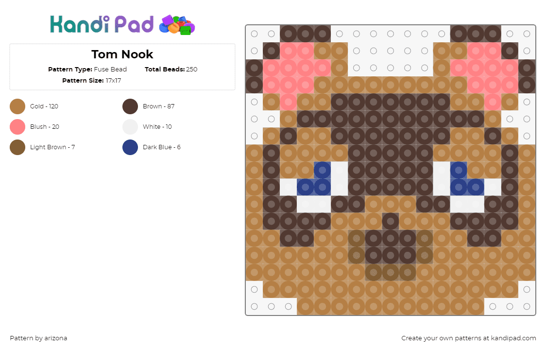 Tom Nook - Fuse Bead Pattern by arizona on Kandi Pad - tommy nook,animal crossing,raccoon,character,head,video game,tan,brown