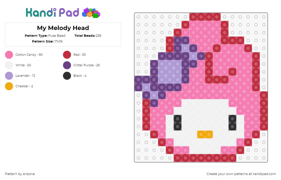 My Melody Head - Fuse Bead Pattern by arizona on Kandi Pad - my melody,sanrio,head,character,white,pink,purple