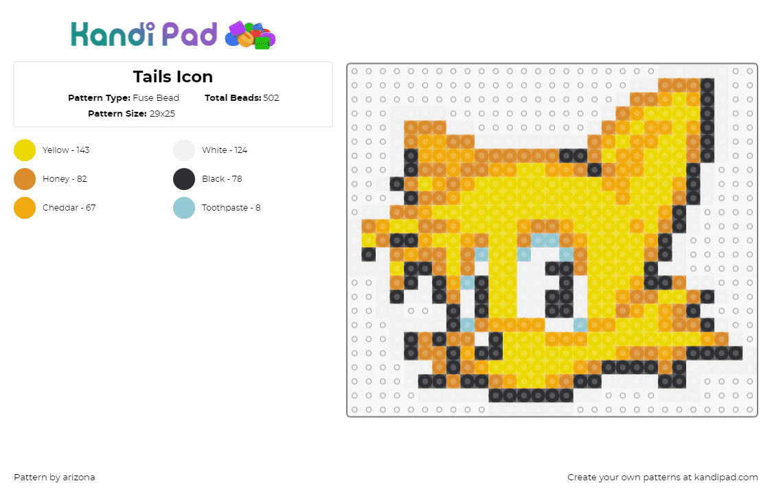 Tails Icon - Fuse Bead Pattern by arizona on Kandi Pad - tails,sonic the hedgehog,sega,head,character,charm,video game,yellow