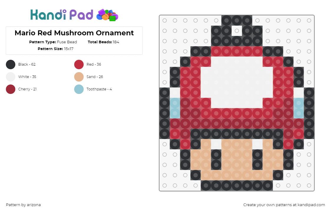 Mario Red Mushroom Ornament - Fuse Bead Pattern by arizona on Kandi Pad - mushroom,mario,ornament,nintendo,red,white,tan