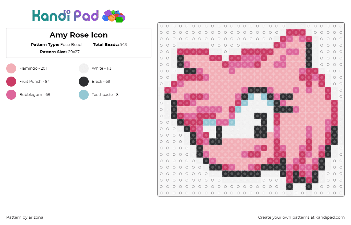 Amy Rose Icon - Fuse Bead Pattern by arizona on Kandi Pad - amy rose,sonic the hedgehog,sega,head,character,charm,video game,pink