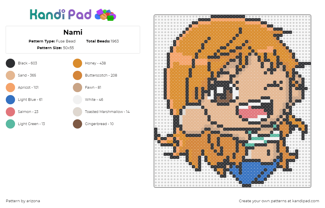 Nami - Fuse Bead Pattern by arizona on Kandi Pad - nami,one piece,chibi,jump,character,anime,tv show,tan