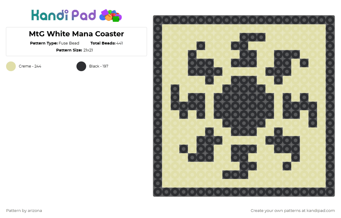 MtG White Mana Coaster - Fuse Bead Pattern by arizona on Kandi Pad - black,yellow,magic the gathering,coaster