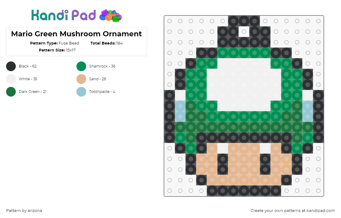 Mario Green Mushroom Ornament - Fuse Bead Pattern by arizona on Kandi Pad - 1up,mushroom,mario,ornament,nintendo,green,white,tan