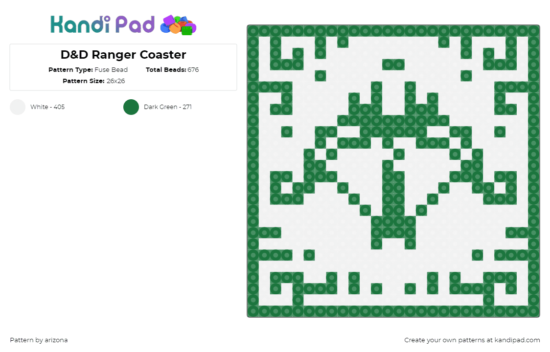 D&D Ranger Coaster - Fuse Bead Pattern by arizona on Kandi Pad - ranger,dnd,dungeons and dragons,geometric,coaster,gaming,white,green