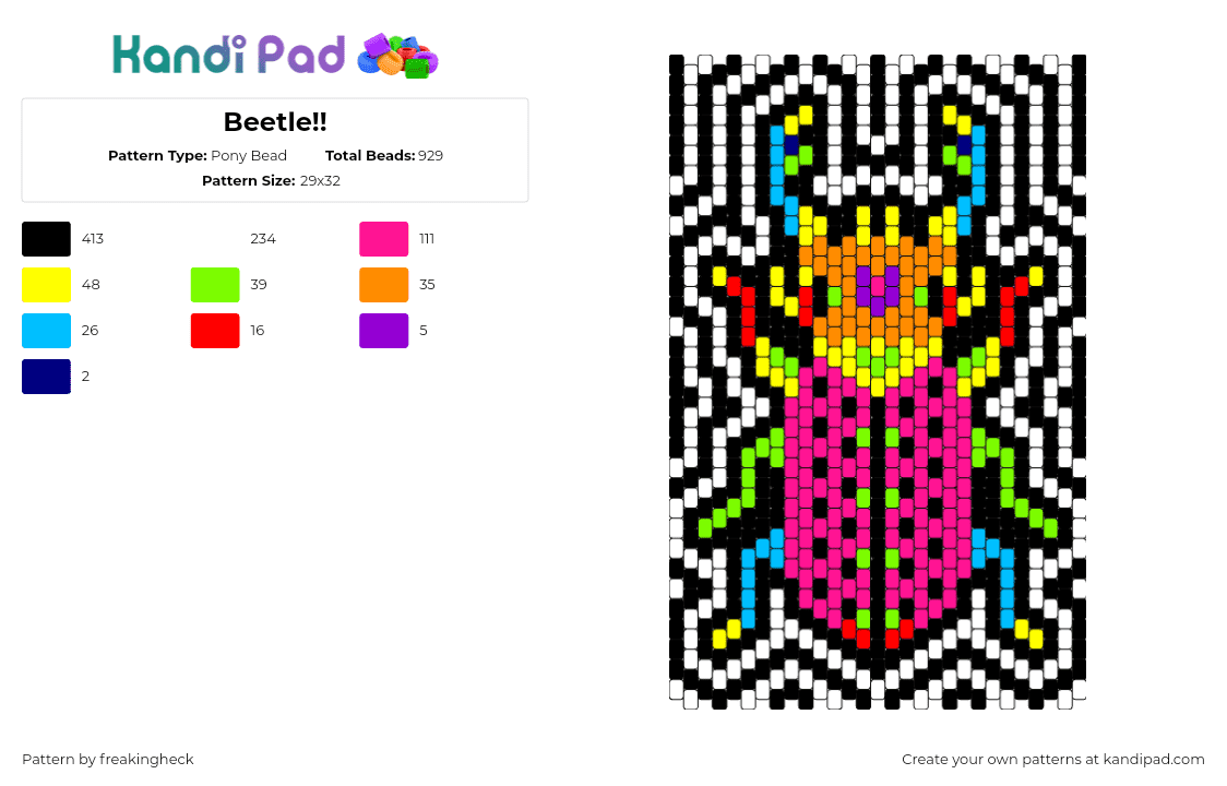 Beetle!! - Pony Bead Pattern by freakingheck on Kandi Pad - beetle,insect,bug,neon,colorful,panel,trippy,pink,orange,green,black