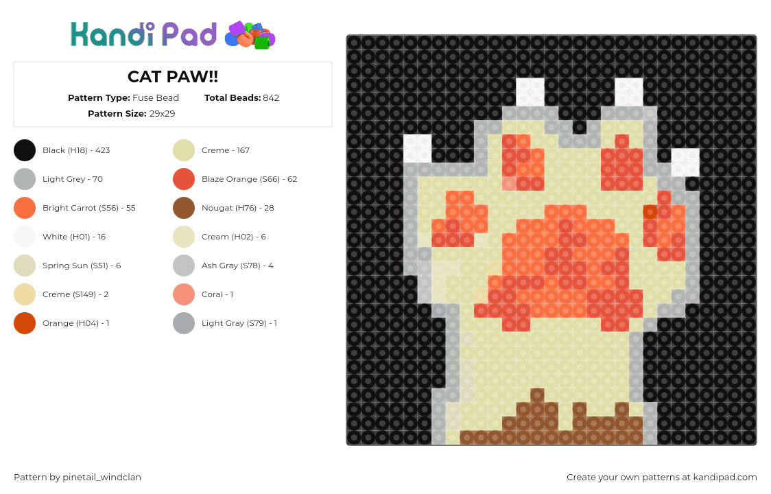 CAT PAW!! - Fuse Bead Pattern by pinetail_windclan on Kandi Pad - paw,cat,animal,hand,panel,orange,black