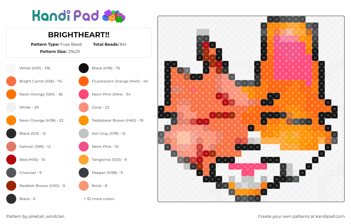 BRIGHTHEART!! - Fuse Bead Pattern by pinetail_windclan on Kandi Pad - brightheart,warrior cats,head,character,story,animal,orange