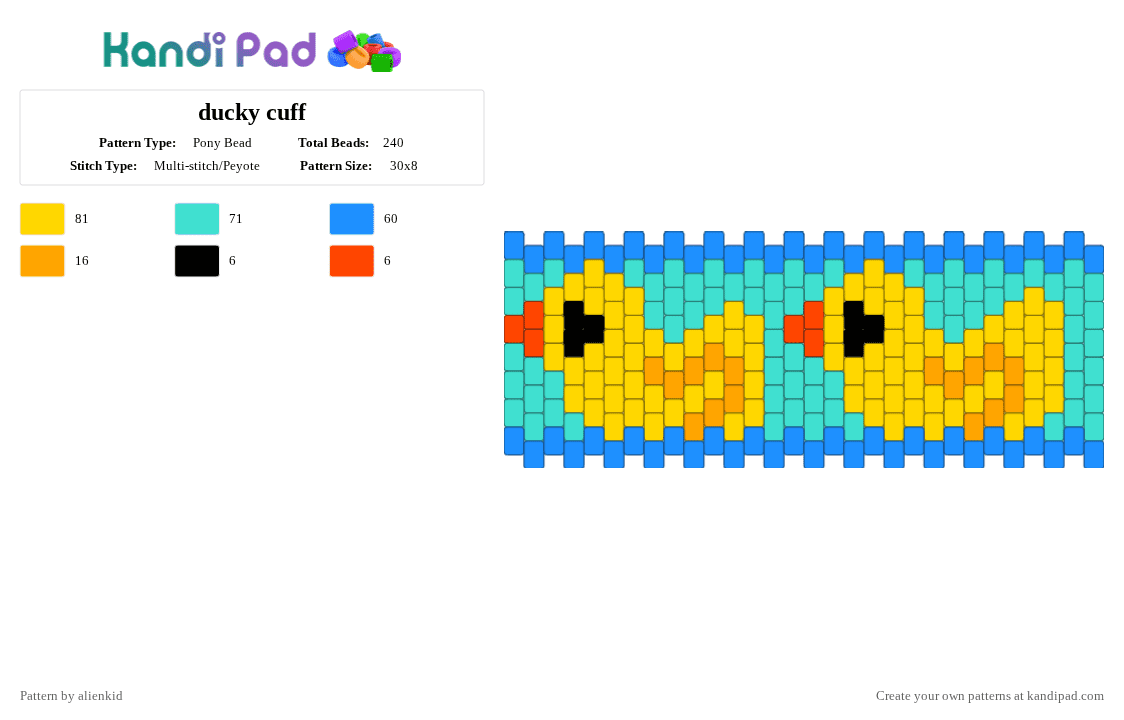 ducky cuff - Pony Bead Pattern by alienkid on Kandi Pad - yellow,light blue,duck,silly,water,dude