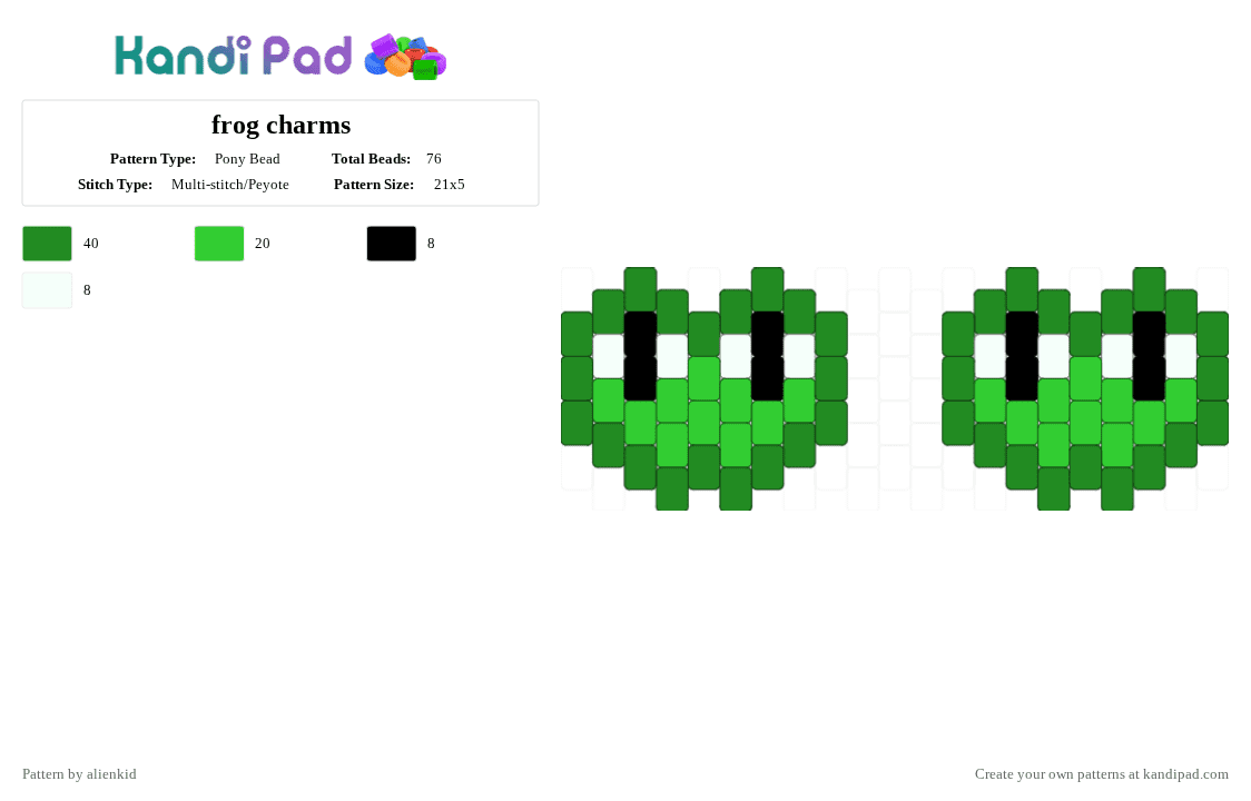 frog charms - Pony Bead Pattern by alienkid on Kandi Pad - green,frog,silly,goblincore,charm