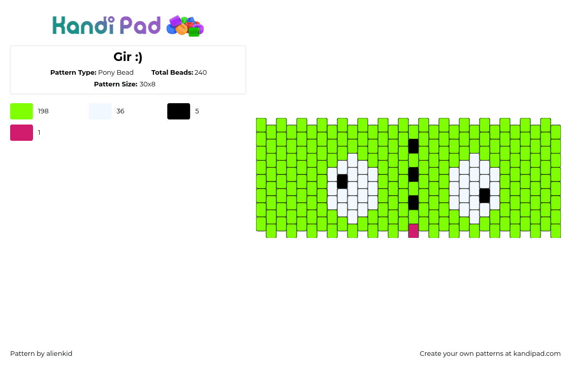 Gir :) - Pony Bead Pattern by alienkid on Kandi Pad - gir,oinvader zim,face,eyes,derpy,cuff,green