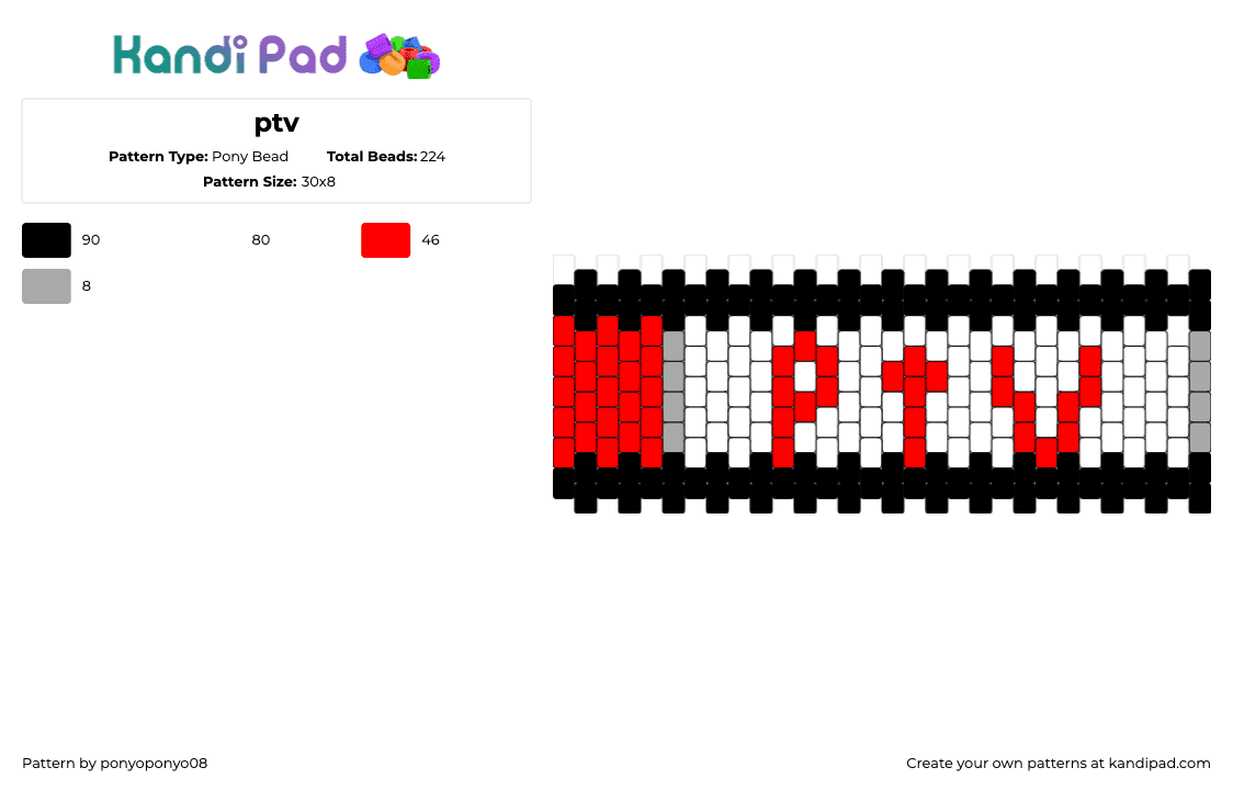 ptv - Pony Bead Pattern by ponyoponyo08 on Kandi Pad - ptv,text,cuff,red,white,black