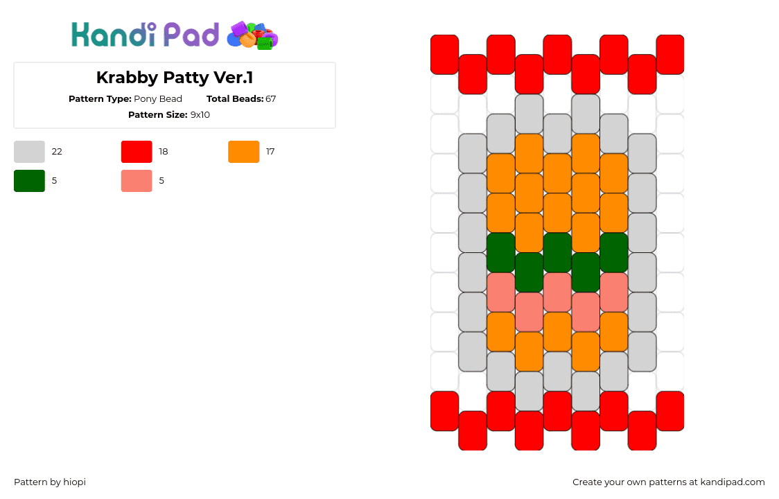 Krabby Patty Ver.1 - Pony Bead Pattern by hiopi on Kandi Pad - krabby patty,spongebob squarepants,burger,cartoon,tv show,charm,food,orange,red,gray