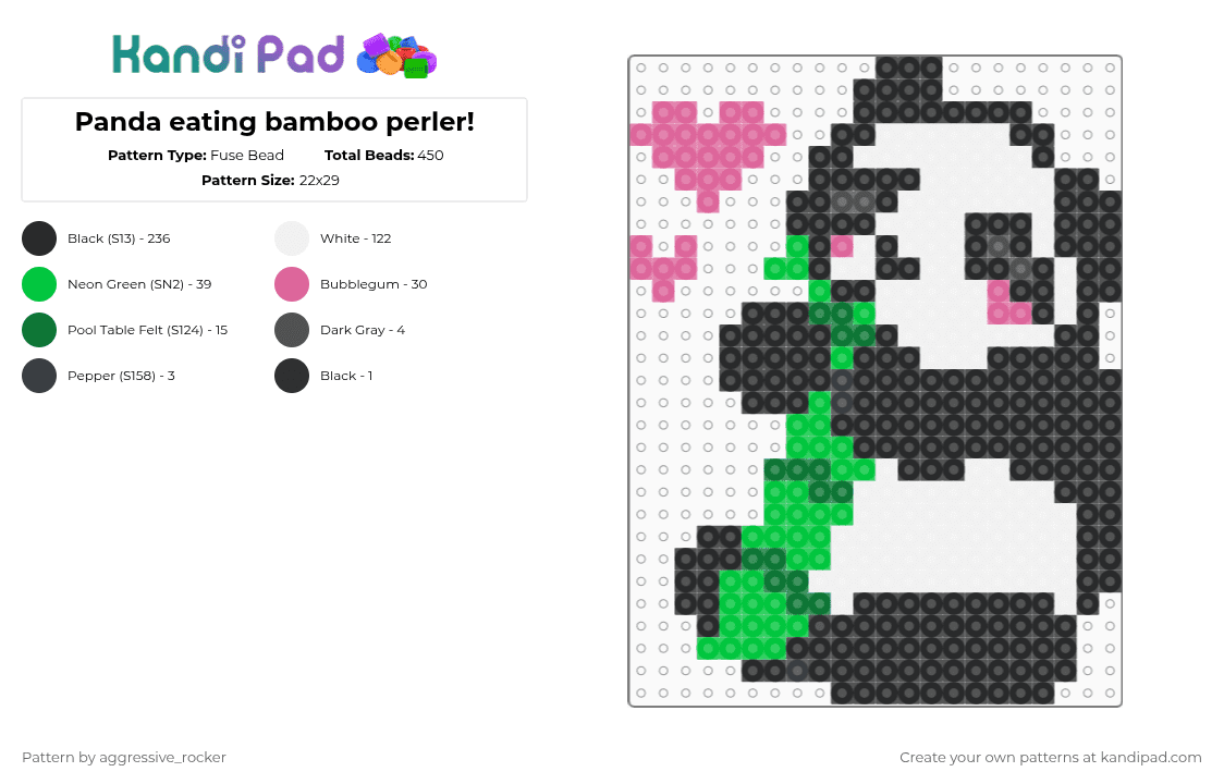 Panda eating bamboo perler! - Fuse Bead Pattern by beadsbriana on Kandi Pad - black,white,green,pink,panda