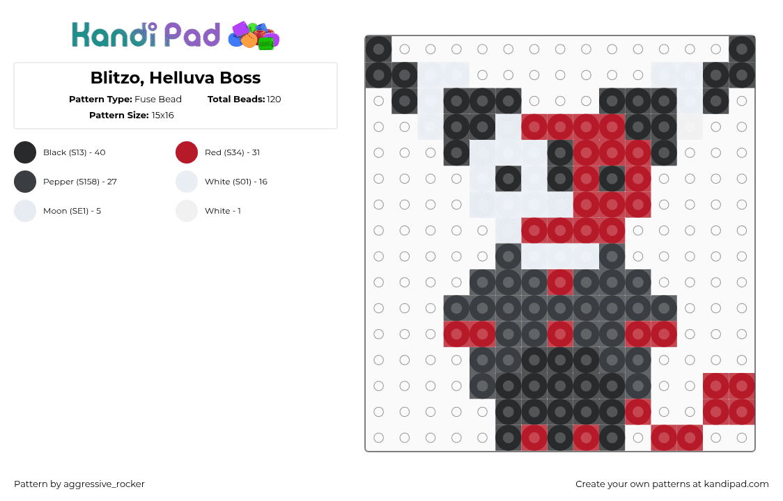 Blitzo, Helluva Boss - Fuse Bead Pattern by aggressive_rocker on Kandi Pad - blitzo,helluva boss,demon,character,chibi,animation,tv show,red,black