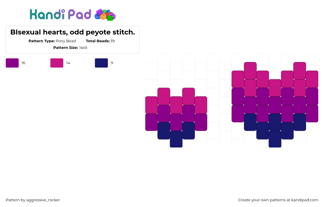 BIsexual hearts, odd peyote stitch. - Pony Bead Pattern by aggressive_rocker on Kandi Pad - bisexual,pride,hearts,purple,blue