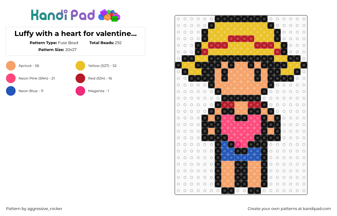 Luffy with a heart for valentines day perler! - Fuse Bead Pattern by aggressive_rocker on Kandi Pad - monkey d luffy,valentines,one piece,character,anime,love,tv show,yellow,tan,pink