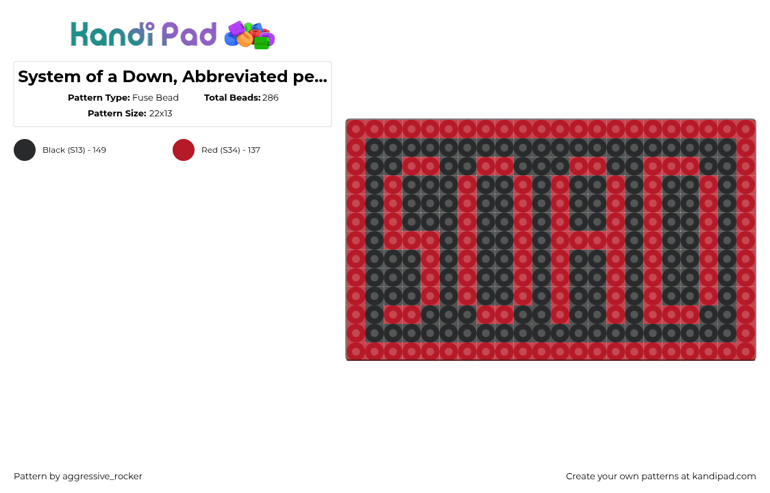 System of a Down, Abbreviated perler. - Fuse Bead Pattern by beadsbriana on Kandi Pad - soad,system of a down,metal,band,music,charm,text,red,black