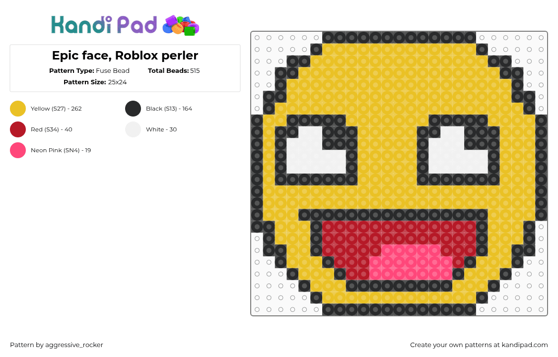 Epic face, Roblox perler - Fuse Bead Pattern by aggressive_rocker on Kandi Pad - epic face,smiley,roblox,emoji,video game,yellow,red