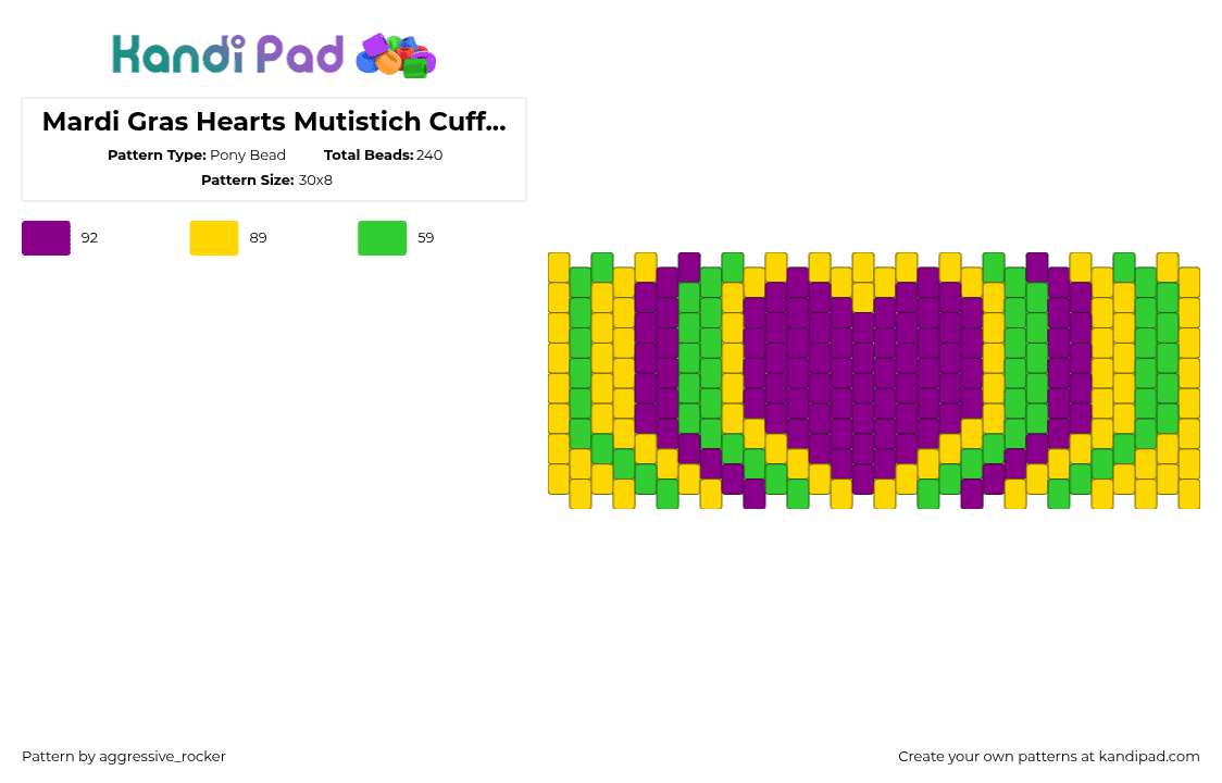 Mardi Gras Hearts Mutistich Cuff, 30 Width, 8 tall - Pony Bead Pattern by aggressive_rocker on Kandi Pad - 