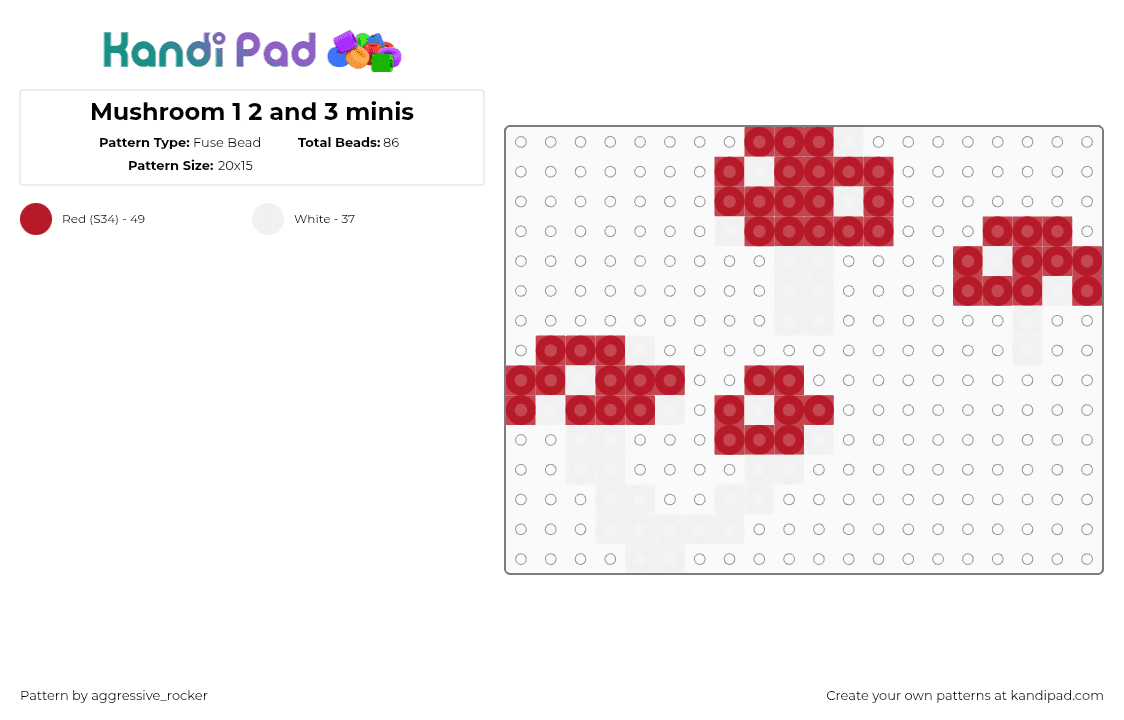 Mushroom 1 2 and 3 minis - Fuse Bead Pattern by beadsbriana on Kandi Pad - mushrooms,fungus,simple,charms,white,red