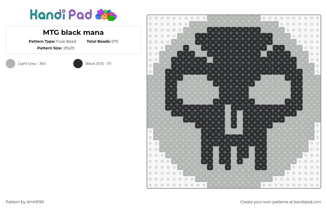 MTG black mana - Fuse Bead Pattern by dmh9190 on Kandi Pad - skull,magic the gathering,mtg,mana,gaming,gray,black