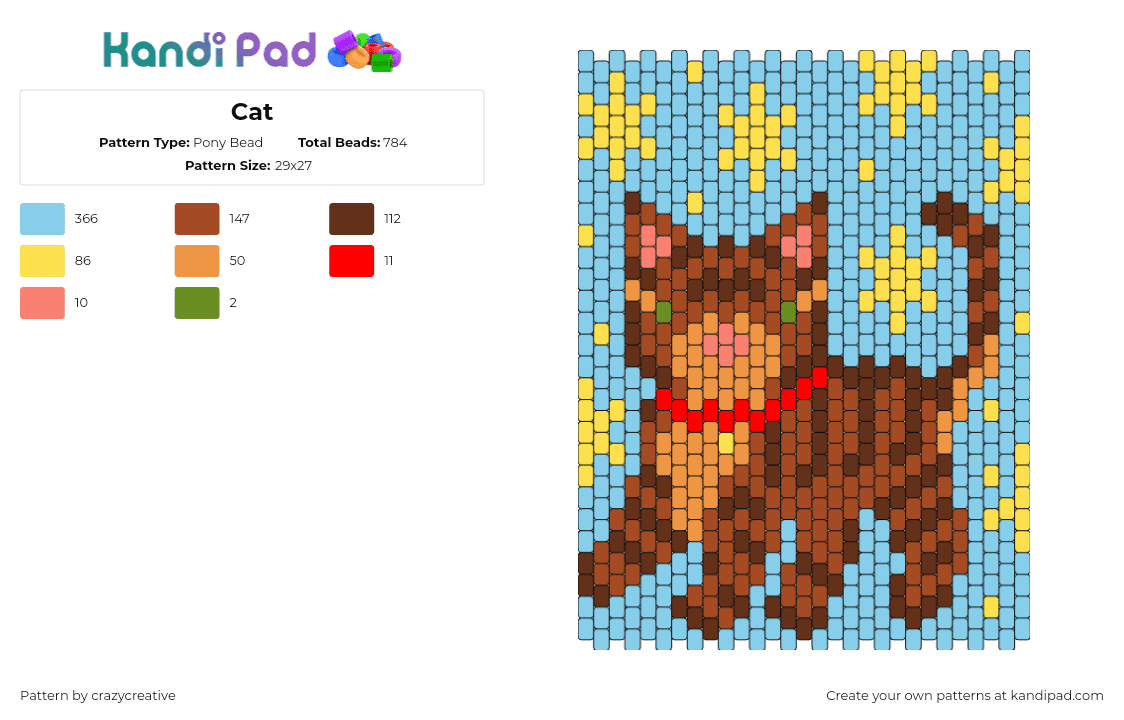 Cat - Pony Bead Pattern by crazycreative on Kandi Pad - cat,animal,stars,panel,brown,light blue,yellow